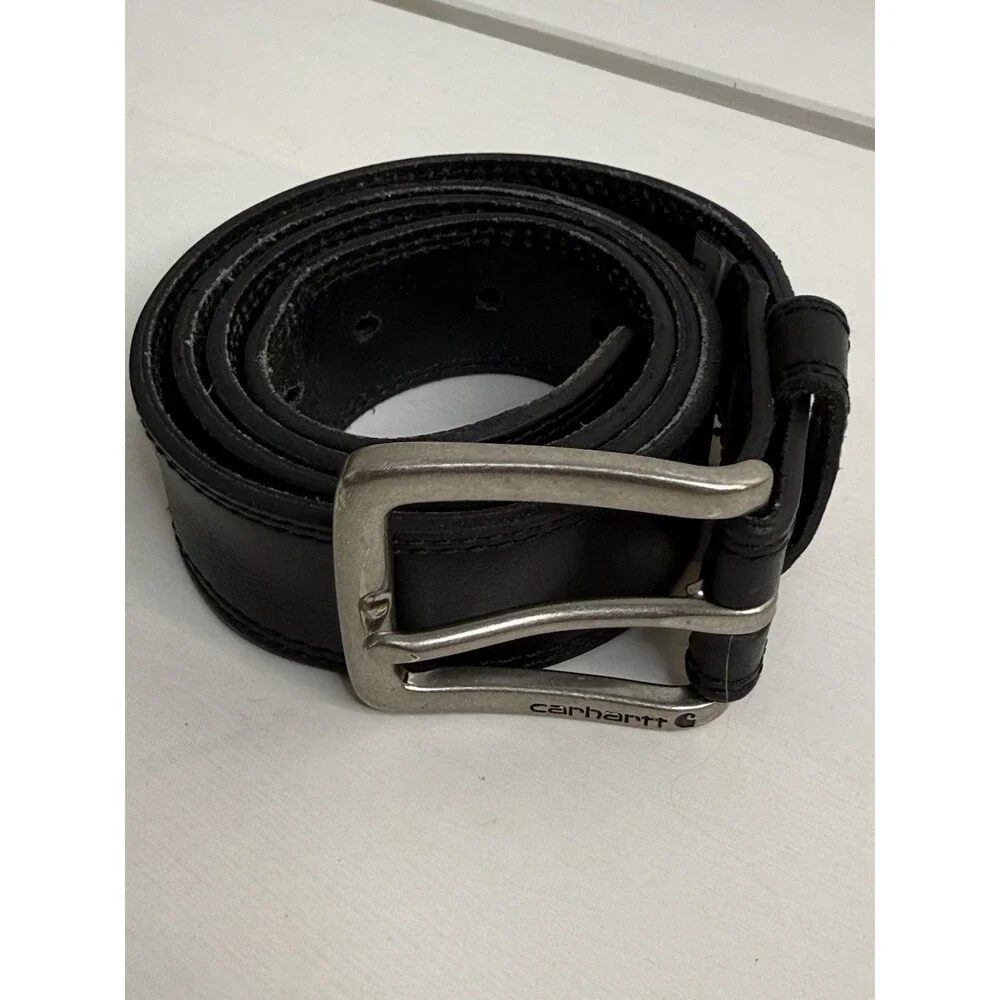 Carhartt Black Leather Belt Silver Buckle Size 38 Made In USA Workwear